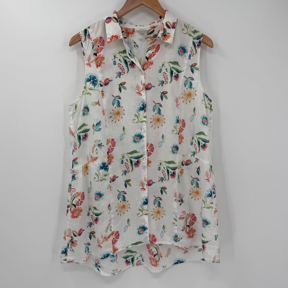 J.‎ Jill Love Linen Floral Sleeveless Button Front Tunic Top Women Medium Ivory